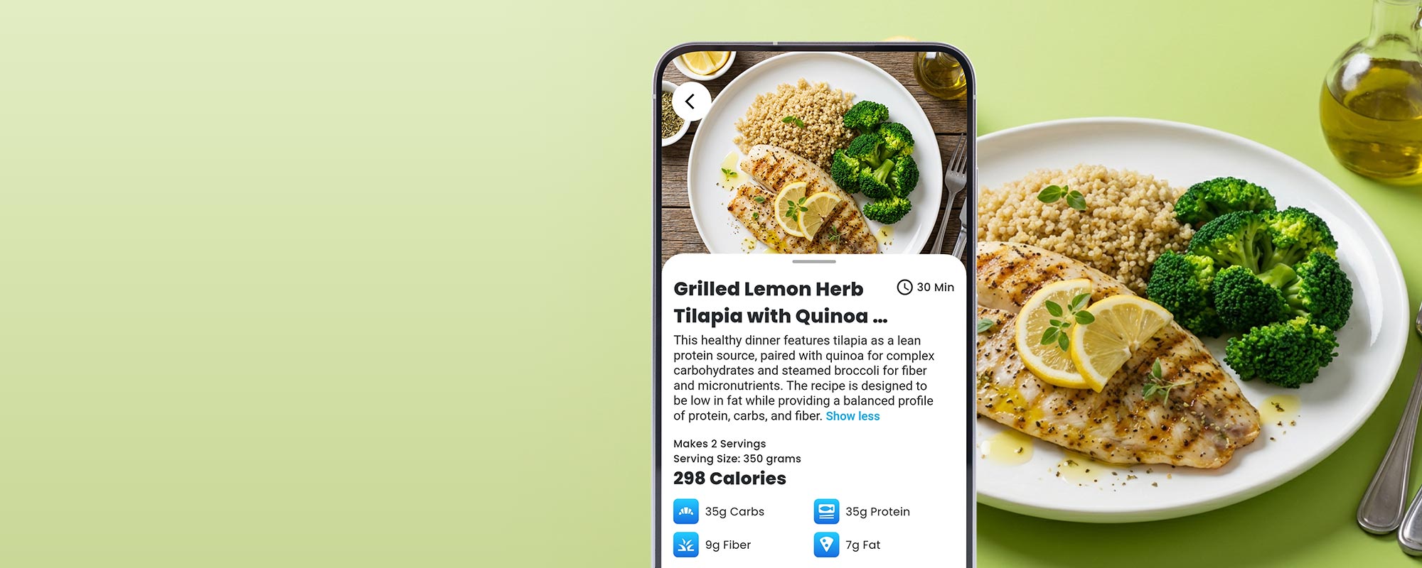 Plate of fish, quinoa, and broccoli with the Portions Master app displaying the recipe.