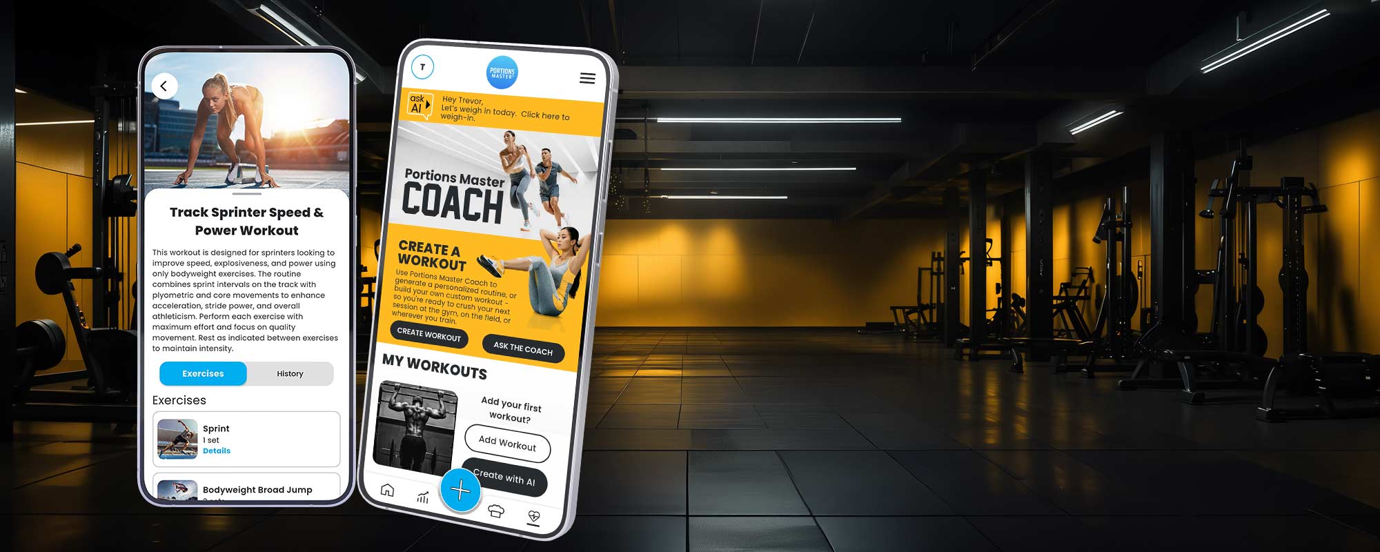 Dark gym background with the Portions Master app showing workout tracking and a sprint speed and power workout.