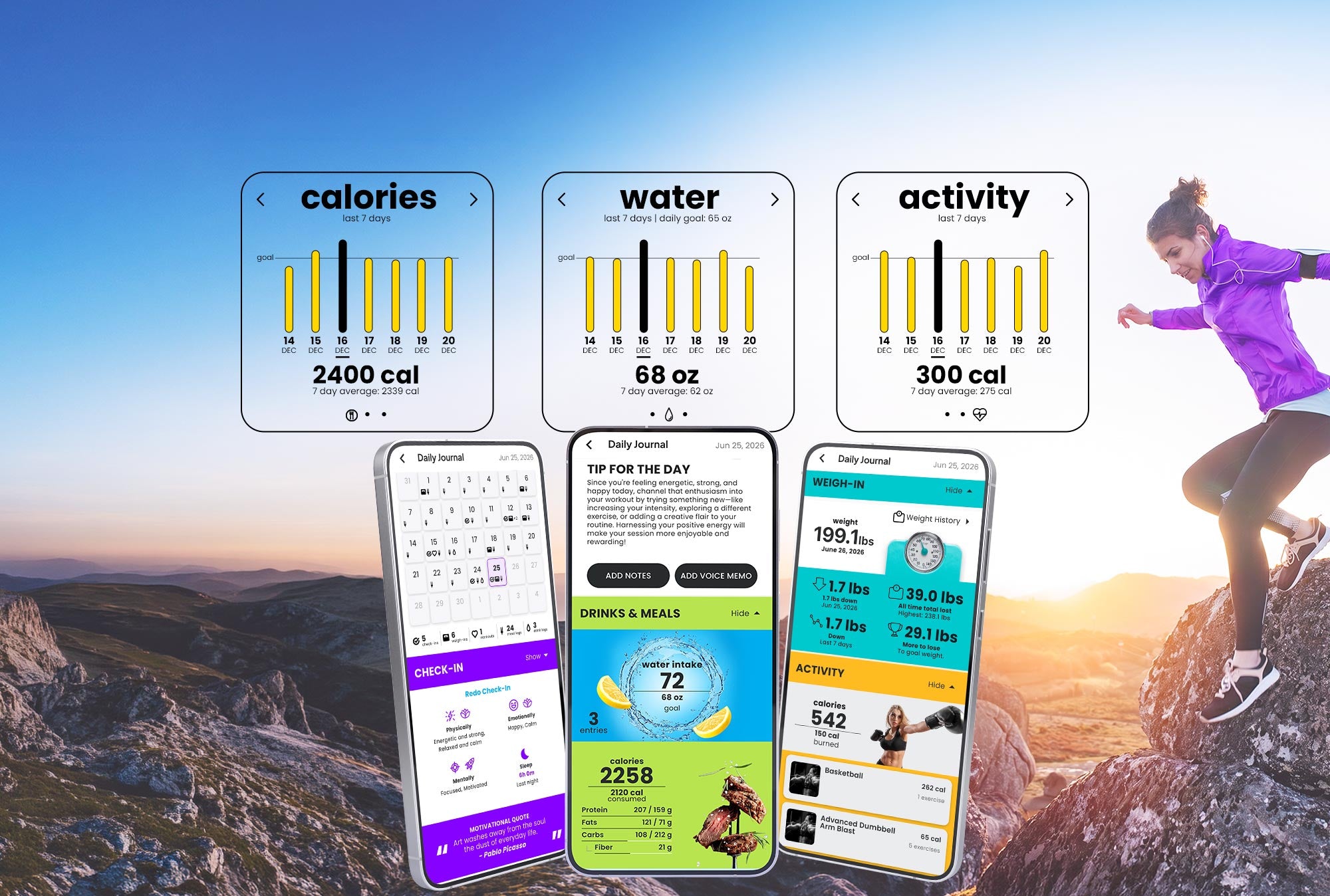 Mountain landscape with the Portions Master app displaying journal, calendar, weight, calorie, water, activity, and workout tracking.