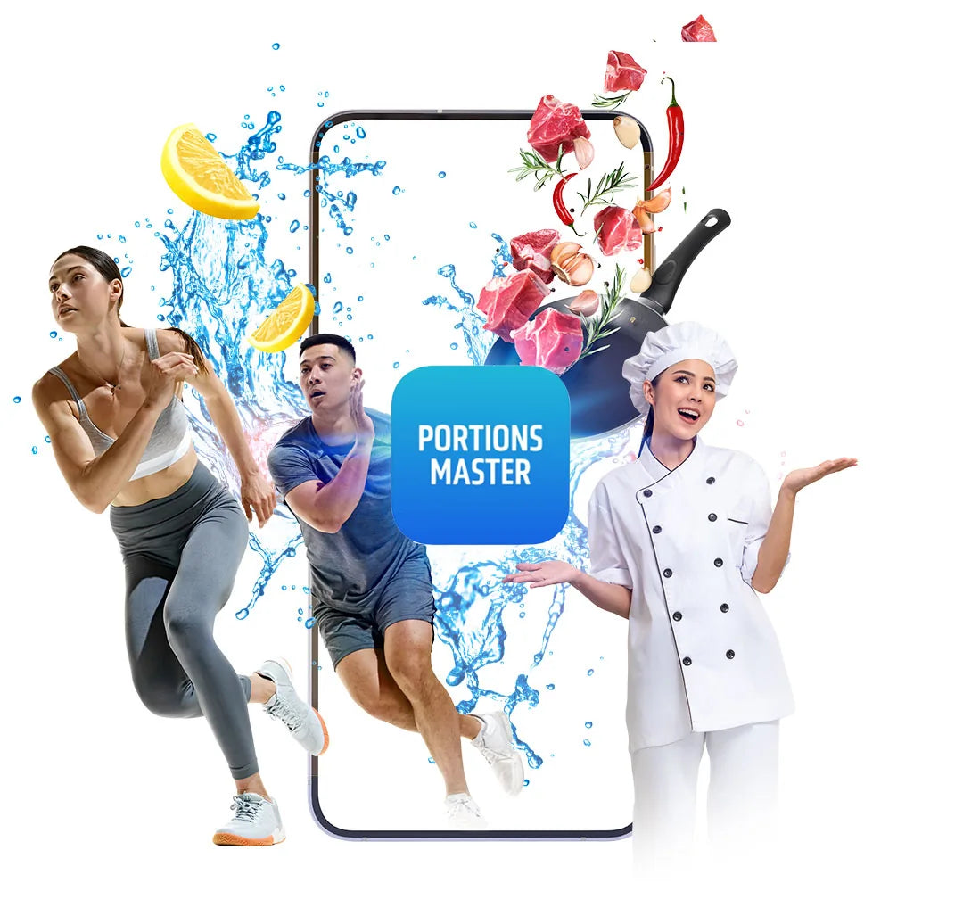 Portions Master logo with athletes, healthy cooking, and nutrition imagery representing the app's fitness and meal planning features.