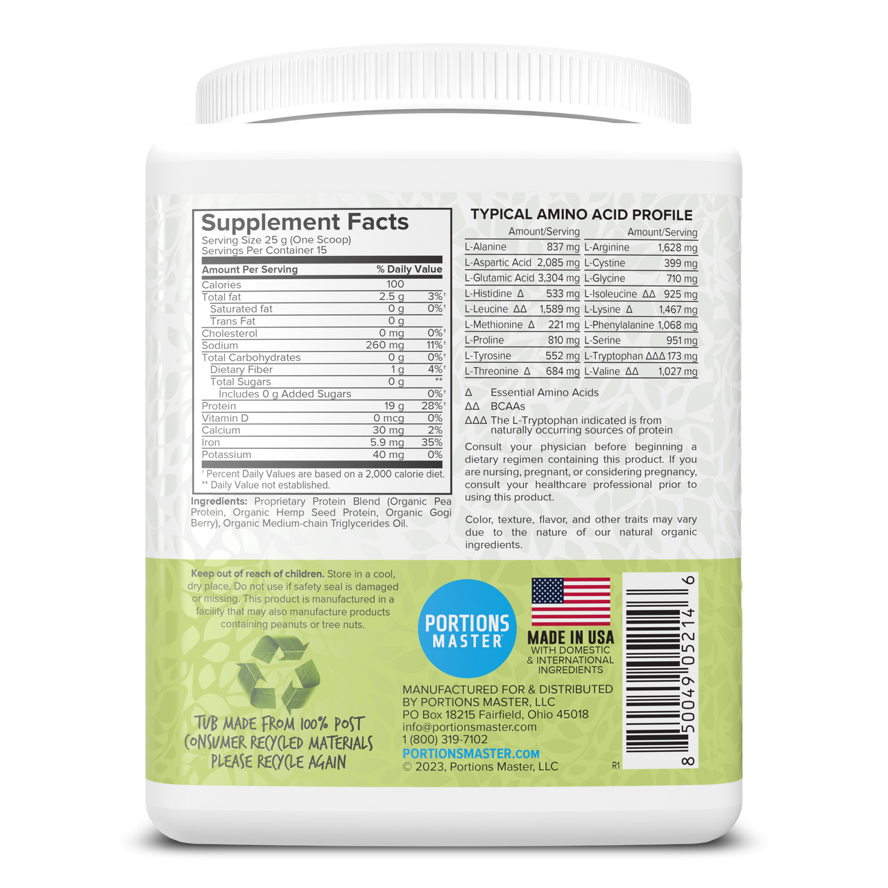 Portions Master Vegan Protein Blend Unflavored 375g Right