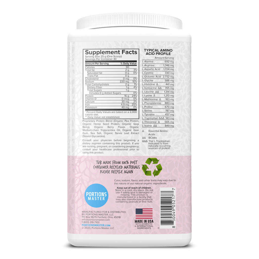Portions Master Vegan Protein Blend Berry 750g Right