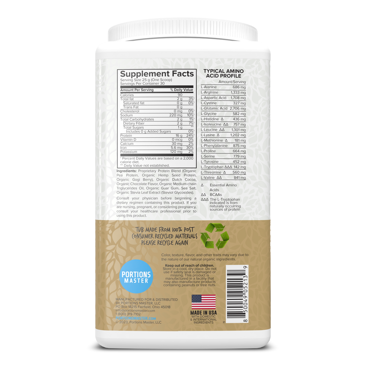 Portions Master Vegan Protein Blend Chocolate 750g Right