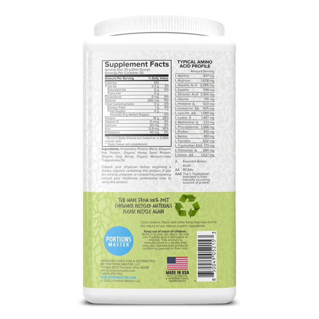 Portions Master Vegan Protein Blend Unflavored 750g Right
