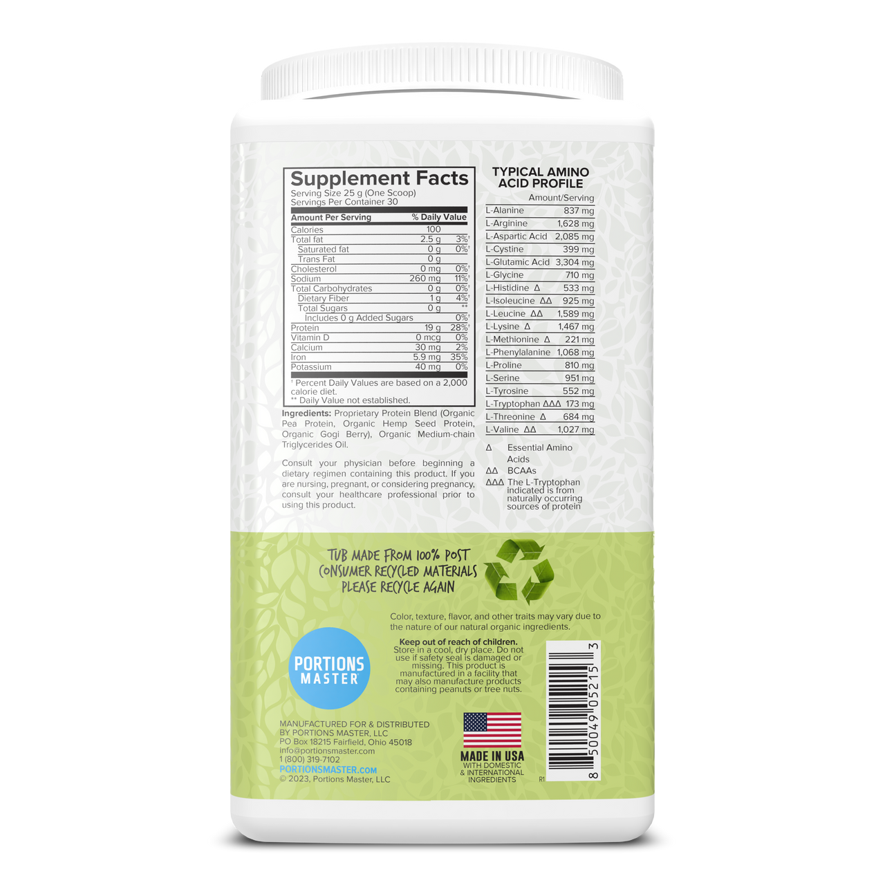 Portions Master Vegan Protein Blend Unflavored 750g Right