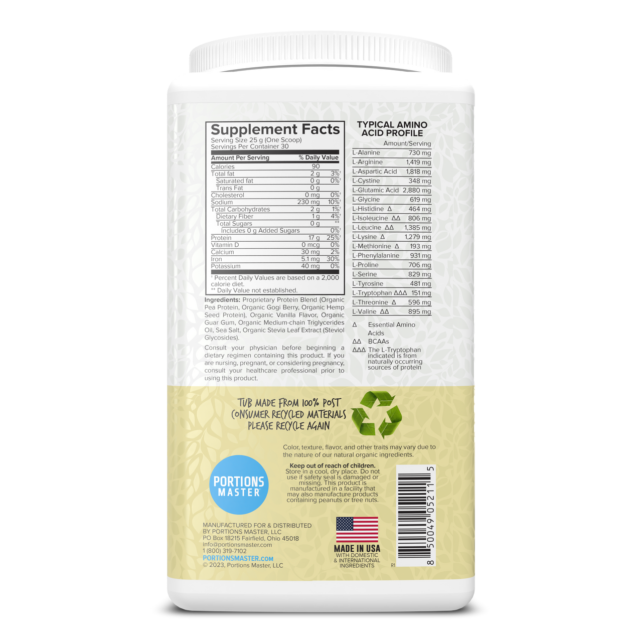Portions Master Vegan Protein Blend Vanilla 750g Right