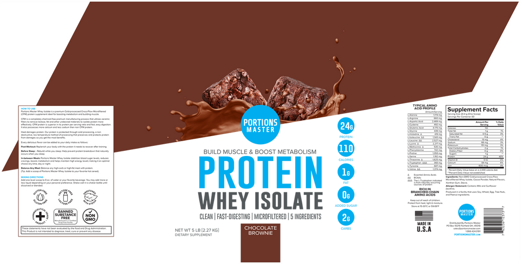Portions Master Non-GMO Cross-Flow Microfiltration Whey Protein Isolate, Sweetened with Stevia | 5 lb. | Chocolate Brownie Label