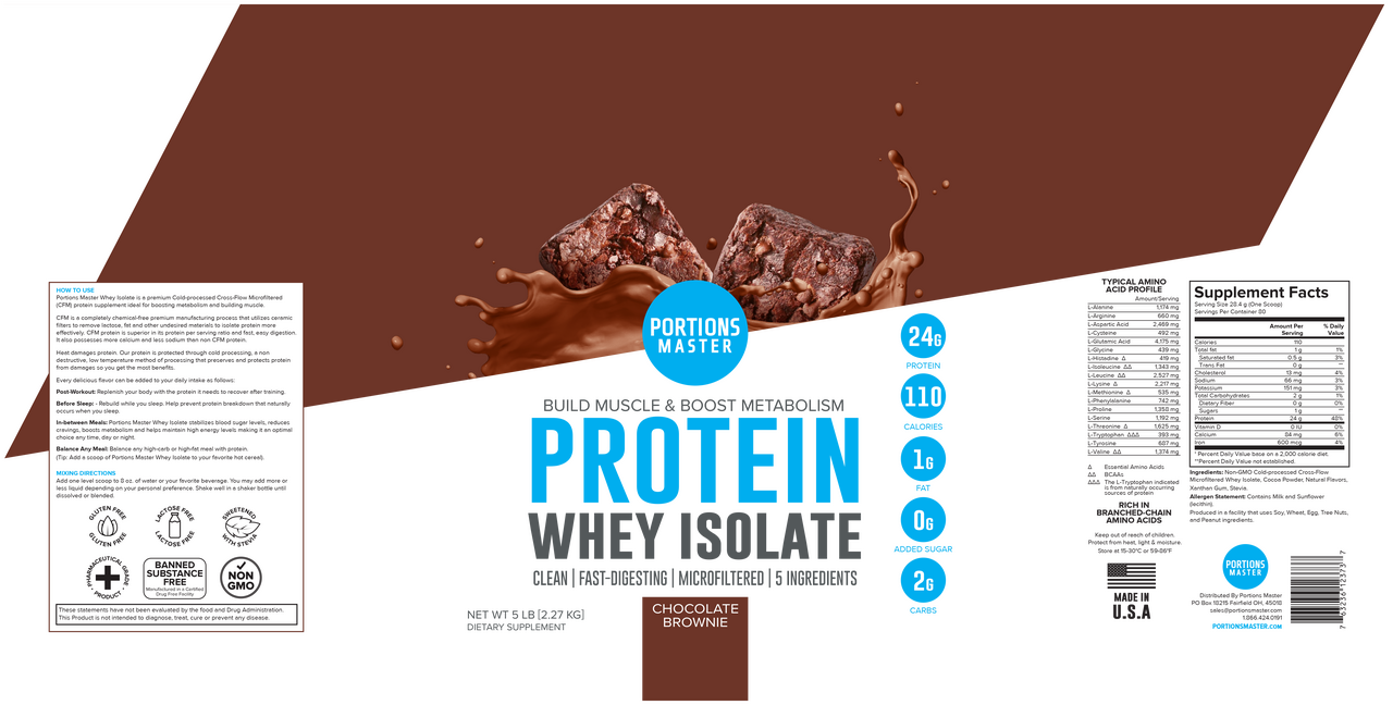 Portions Master Non-GMO Cross-Flow Microfiltration Whey Protein Isolate, Sweetened with Stevia | 5 lb. | Chocolate Brownie Label