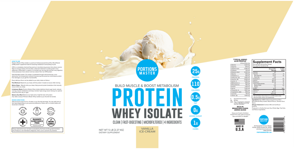 Portions Master Non-GMO Cross-Flow Microfiltration Whey Protein Isolate, Sweetened with Stevia | 5 lb. | Vanilla Ice Cream Label